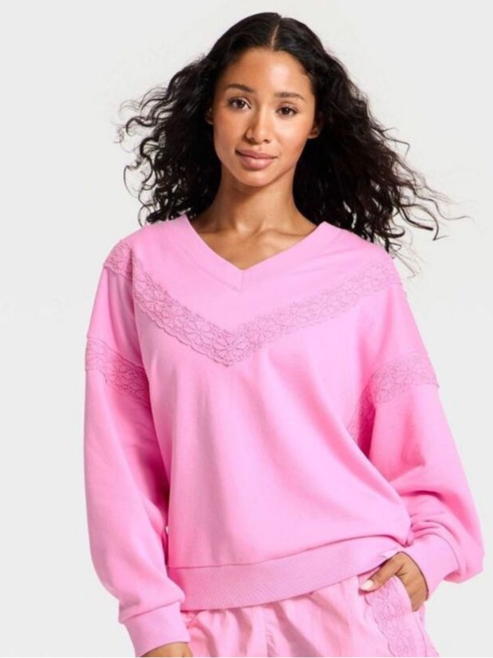 JoyLab Pink Lace-Trim V-Neck Sweatshirt